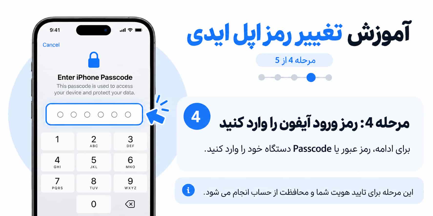 برای تأیید هویت هنگام تغییر رمز اپل ایدی، Passcode آیفون را وارد کنید؛ این رمز با پسورد Apple Account متفاوت است.