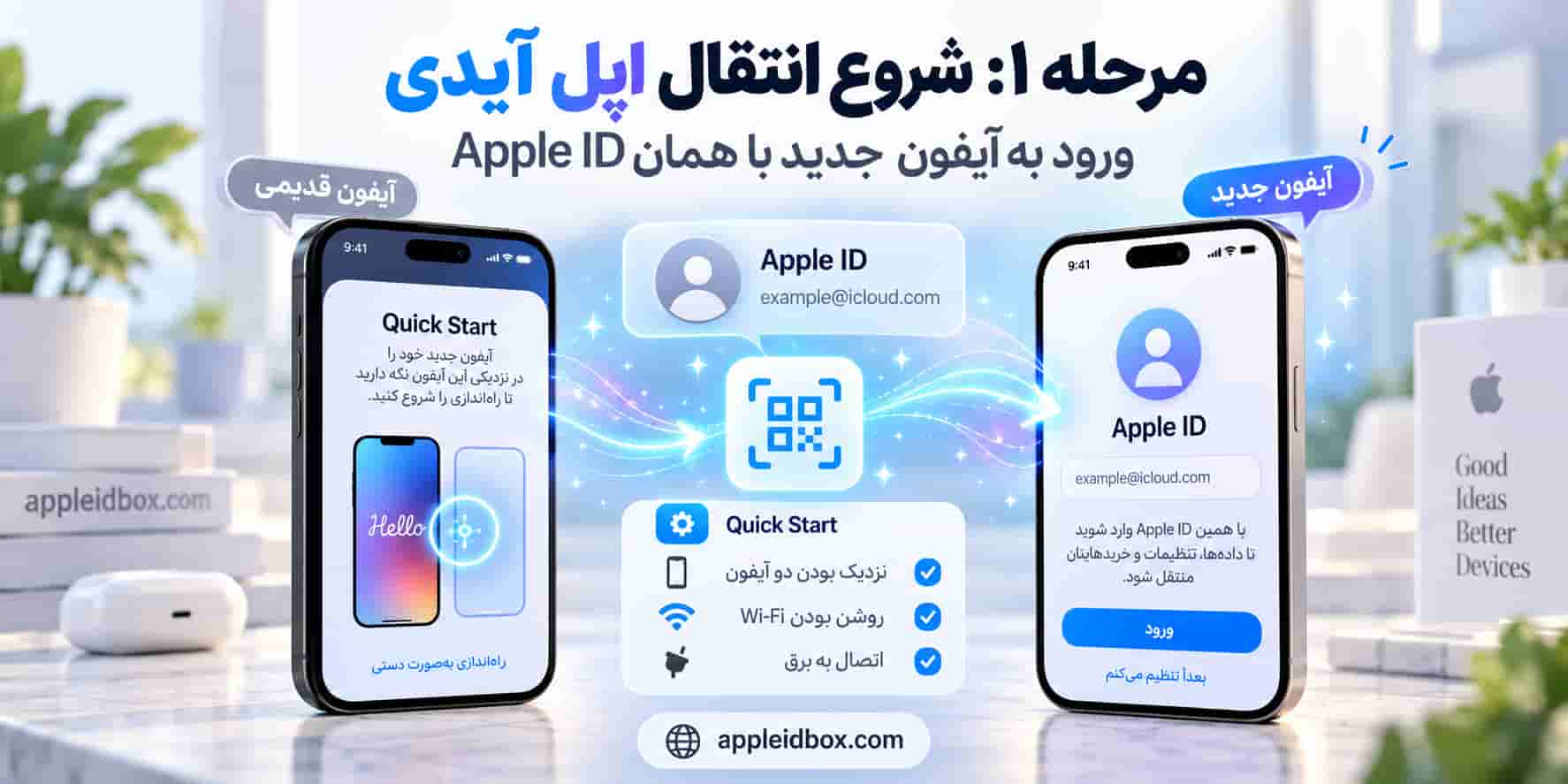 با Quick Start انتقال اپل آیدی به آیفون جدید و راه‌اندازی دستگاه جدید را شروع کنید.